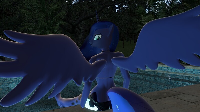 Size: 1920x1080 | Tagged: suggestive, artist:sevenxninja, derpibooru import, princess luna, alicorn, anthro, 3d, clothes, forest, gmod, image, jpeg, large wings, looking at you, sfm pony, sitting, smiling, smirk, solo, source filmmaker, spread wings, swimming pool, swimsuit, tree, water, wings