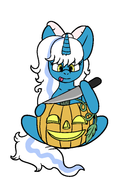 Size: 581x804 | Tagged: safe, artist:polteradopts, derpibooru import, oc, oc:fleurbelle, unofficial characters only, alicorn, pony, alicorn oc, bow, female, hair bow, halloween, holiday, horn, image, knife, mare, png, pumpkin, simple background, solo, transparent background, wings, yellow eyes