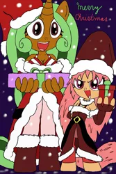 Size: 800x1199 | Tagged: safe, artist:tenebrousmelancholy, derpibooru import, oc, oc:rizella, oc:strength, anthro, earth pony, unguligrade anthro, unicorn, christmas, clothes, costume, duo, female, holiday, image, jpeg, merry christmas, night, present, santa costume, snow, snowfall