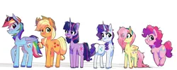 Size: 3000x1200 | Tagged: safe, artist:provolonepone, derpibooru import, applejack, fluttershy, pinkie pie, rainbow dash, rarity, twilight sparkle, classical unicorn, earth pony, pegasus, pony, unicorn, applejack's hat, chest fluff, cloven hooves, cowboy hat, eye clipping through hair, female, hat, headband, image, leaves, leonine tail, line-up, mane six, mare, pencil, pencil behind ear, png, simple background, size comparison, stetson, sunglasses, unicorn twilight, unshorn fetlocks