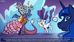 Size: 1920x1080 | Tagged: safe, artist:simondrawsstuff, derpibooru import, discord, princess luna, rarity, alicorn, draconequus, pony, unicorn, ..., cheeto dust, cheetos, clothes, dream, dress, female, horrified, image, jpeg, male, mare, one eye closed, pure unfiltered evil