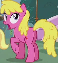 Size: 293x317 | Tagged: safe, derpibooru import, screencap, cherry berry, cloud kicker, earth pony, pony, slice of life (episode), butt, cherryplot, cropped, female, gasp, image, looking up, mare, offscreen character, open mouth, plot, png, raised hoof, solo