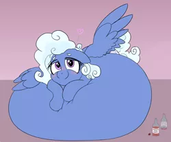 Size: 2358x1950 | Tagged: safe, artist:comfyplum, artist:tai kai, derpibooru import, edit, oc, oc:comfy pillow, pegasus, pony, belly, belly bed, big belly, bottle, female, huge belly, image, impossibly large belly, inflation, looking at you, png, solo, wings