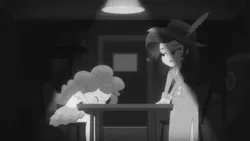 Size: 1366x768 | Tagged: safe, derpibooru import, screencap, pinkie pie, rarity, equestria girls, equestria girls series, rarity investigates: the case of the bedazzled boot, detective rarity, geode of sugar bombs, grayscale, image, magical geodes, monochrome, png, rarity investigates (eqg): pinkie pie