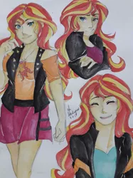 Size: 1280x1707 | Tagged: safe, artist:harleysart, derpibooru import, sunset shimmer, equestria girls, bust, clothes, cutie mark, cutie mark on clothes, female, image, jewelry, jpeg, necklace, smiling, traditional art, vest