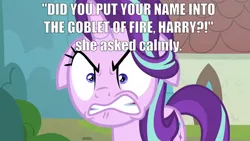 Size: 1280x720 | Tagged: safe, derpibooru import, edit, edited screencap, screencap, starlight glimmer, pony, unicorn, the parent map, angry, angry face, face, female, floppy ears, gritted teeth, harry potter, house, image, mare, png, rage, ragelight glimmer, shitposting, shrunken pupils, sire's hollow, solo, starlight is not amused, tree, unamused, window