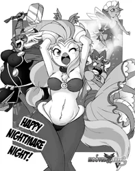 Size: 1500x1906 | Tagged: suggestive, artist:boastudio, derpibooru import, ocellus, silverstream, smolder, yona, anthro, changedling, changeling, dragon, genie, hippogriff, yak, comic:hooves & fins, belly button, belly dancer, big breasts, blushing, breasts, busty silverstream, busty yona, butt, chest fluff, chubby, clothes, cosplay, costume, crown, disney, erect nipples, fat yona, female, females only, grayscale, halloween, halloween costume, holiday, image, jewelry, marvel, monochrome, nightmare night, nintendo, nipple outline, open mouth, panties, png, princess peach, princess smolder, regalia, shantae, shantae (character), smolder also dresses in style, stupid sexy silverstream, super mario bros., thor, tinkerbell, underwear