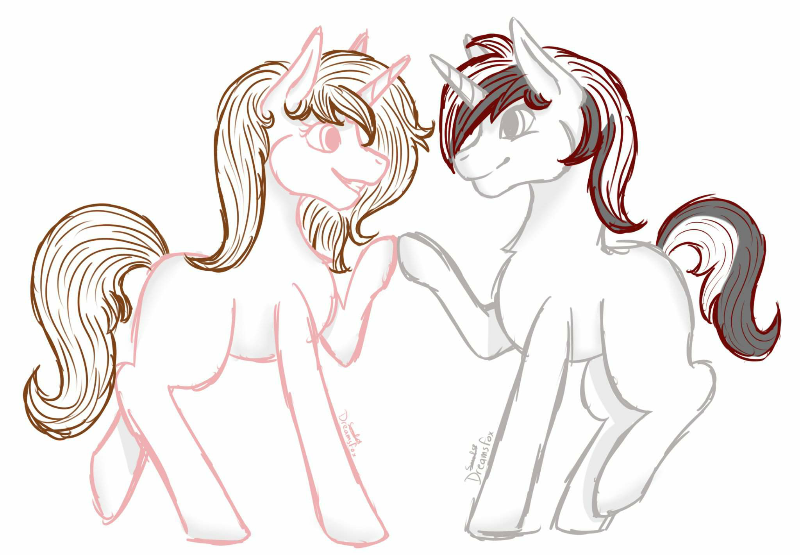 Size: 800x555 | Tagged: safe, anonymous artist, derpibooru import, oc, oc:lanaia, oc:listfia, unofficial characters only, unicorn, blank flank, eyelashes, female, grin, holding hooves, horn, image, looking at each other, one hoof raised, png, siblings, sisters, smiling, twins, two toned mane, two toned tail, watermark