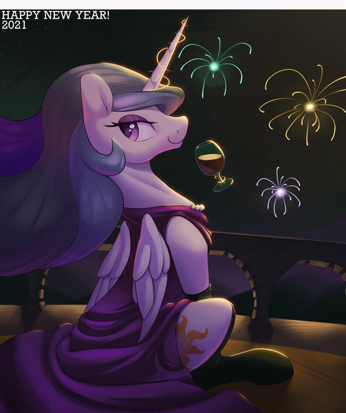 Size: 3500x4179 | Tagged: safe, artist:nookprint, derpibooru import, princess celestia, alicorn, pony, 2021, alcohol, clothes, dress, female, fireworks, glass, high res, image, lidded eyes, looking back, magic, mare, new year, night, png, profile, sitting, sky, socks, solo, telekinesis, wine, wine glass