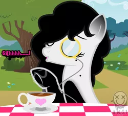 Size: 1976x1796 | Tagged: safe, artist:amgiwolf, derpibooru import, oc, oc:amgi, unofficial characters only, earth pony, pony, bust, coffee, cup, earth pony oc, eyelashes, eyes closed, female, image, mare, monocle, outdoors, png, shhh, solo, teacup, tree, underhoof