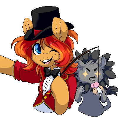 Size: 400x400 | Tagged: safe, artist:sethisto, derpibooru import, oc, oc:peanut bucker, unofficial characters only, big cat, cat, earth pony, lion, mouse, pony, bowtie, clothes, duo, earth pony oc, eyes on the prize, female, fishing rod, hat, image, lure, mare, open mouth, pixel art, png, simple background, smiling, starry eyes, top hat, transparent background, wingding eyes