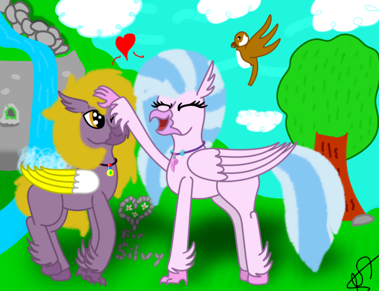 Size: 1280x985 | Tagged: safe, artist:profyurko, derpibooru import, silverstream, oc, oc:yutaka deo, bird, classical hippogriff, hippogriff, banana wings, birb, cave, cloud, cute, deostream, diastreamies, digital art, flower, happy, heart, hippogriff oc, image, jewelry, necklace, petting, png, rock, shipping, tree, waterfall