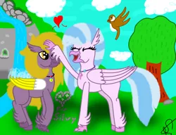 Size: 1280x985 | Tagged: safe, artist:profyurko, derpibooru import, silverstream, oc, oc:yutaka deo, bird, classical hippogriff, hippogriff, banana wings, birb, cave, cloud, cute, deostream, diastreamies, digital art, flower, happy, heart, hippogriff oc, image, jewelry, necklace, petting, png, rock, shipping, tree, waterfall