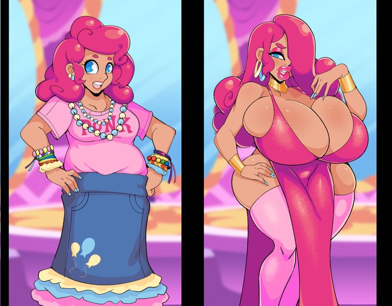 Size: 2480x1936 | Tagged: suggestive, artist:scarfyace, derpibooru import, pinkie pie, human, alternate hairstyle, areola, ass, before and after, big breasts, big lips, bimbo, bimboification, bimbo pie, blushing, breast expansion, breasts, busty pinkie pie, butt, butt expansion, chubbie pie, chubby, classy, clothes, curvy, dark skin, dick sucking lips, dress, expansion, female, glass, growth, hair growth, hair over one eye, happy, hips, horny, huge breasts, huge butt, humanized, image, impossibly large breasts, impossibly large butt, impossibly large hips, impossibly wide hips, jewelry, jpeg, large butt, leggings, legs, leg warmers, lips, lipstick, long hair, long nails, looking at you, magic, makeup, mature, moderate dark skin, nails, necklace, plump, ponk, ponytail, sexy, shirt, side slit, skirt, slut, socks, solo, solo female, standing, stockings, stupid sexy pinkie, thicc ass, thick, thigh highs, thighs, thunder thighs, tight clothing, total sideslit, transformation, wide hips