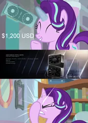 Size: 1920x2670 | Tagged: safe, derpibooru import, edit, edited screencap, screencap, starlight glimmer, pony, unicorn, a horse shoe-in, facehoof, female, graphics card, happy, image, meme, nvidia, png, rtx, text, this didn't age well