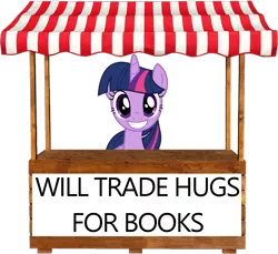 Size: 934x857 | Tagged: safe, artist:sketchmcreations, derpibooru import, twilight sparkle, twilight sparkle (alicorn), alicorn, pony, what about discord?, book, bookhorse, bronybait, female, grin, hugs?, image, looking at you, mare, market stall, png, simple background, smiling, solo, that pony sure does love books, trade, transparent background, vector