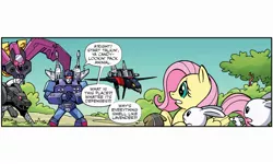 Size: 2000x1200 | Tagged: safe, artist:jack lawrence, derpibooru import, idw, angel bunny, fluttershy, pegasus, pony, spoiler:comic, spoiler:friendship in disguise, spoiler:friendship in disguise03, comic, decepticon, female, frenzy, friendship in disguise, image, jpeg, laserbeak, male, mare, ratbat, ravage, transformers