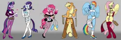 Size: 1280x427 | Tagged: suggestive, artist:carelessdoodler, derpibooru import, applejack, fluttershy, pinkie pie, rainbow dash, rarity, twilight sparkle, anthro, earth pony, pegasus, unicorn, 2011, applebutt, appledom, assless chaps, bdsm, bedroom eyes, bit gag, boots, bra, breasts, bridle, busty applejack, busty fluttershy, busty pinkie pie, busty rainbow dash, busty rarity, busty twilight sparkle, butt, clothes, collar, corset, cowboy hat, cutie mark, dashdom, digital art, dominatrix, evening gloves, fishnets, flutterdom, gag, garters, gloves, group, harness, hat, high heels, horn, image, jewelry, jpeg, lasso, lingerie, long gloves, looking at you, maebari, maid, mane six, necklace, nudity, paddle, panties, pasties, pinkiedom, pointing, raridom, rear view, rearboob, riding crop, rope, ruler, running shoes, sex toy, shirt, shoes, shorts, skirt, sneakers, socks, sole, sports bra, sports shorts, stockings, tack, tail, teacher, thigh boots, thigh highs, twidom, underwear, unicorn twilight, vibrator, whip, wings