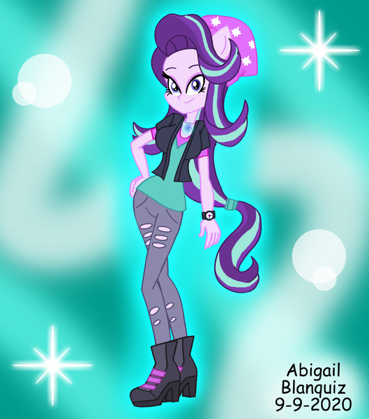 Size: 1280x1453 | Tagged: safe, artist:kova360, derpibooru import, starlight glimmer, equestria girls, beanie, clothes, female, hat, image, jpeg, ponied up, pony ears, smiling, solo