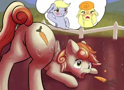 Size: 2688x1957 | Tagged: safe, artist:shaliwolf, author:bigonionbean, derpibooru import, carrot top, derpy hooves, golden harvest, oc, oc:clumsy carrot, earth pony, pegasus, pony, adorable face, butt, carrot, commissioner:bigonionbean, cute, cutie mark, embarrassed, extra thicc, female, flank, floppy ears, food, fusion, fusion:clumsy carrot, garden, i just don't know what went wrong, image, mare, maw, open mouth, plot, png, shocked, surprised, thought bubble