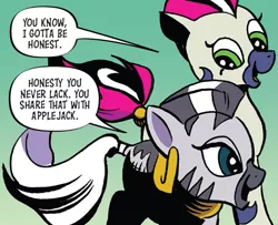 Size: 673x546 | Tagged: safe, artist:andypriceart, derpibooru import, idw, marini, zecora, zebra, spoiler:comic, spoiler:comic91, cropped, female, honesty, image, png, season 10