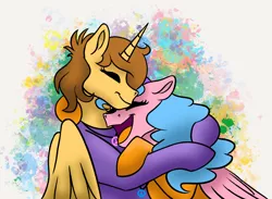 Size: 3613x2644 | Tagged: safe, artist:bellbell123, derpibooru import, oc, oc:aspen, oc:bella pinksavage, alicorn, pegasus, alicorn oc, birthday, bodysuit, catsuit, clothes, cuddling, female, happy, hippie, horn, hug, image, jewelry, latex, latex suit, necklace, peaceful, peace suit, peace symbol, pegasus oc, png, rubber suit, sibling love, siblings, sisterly love, sisters, smiling, wings