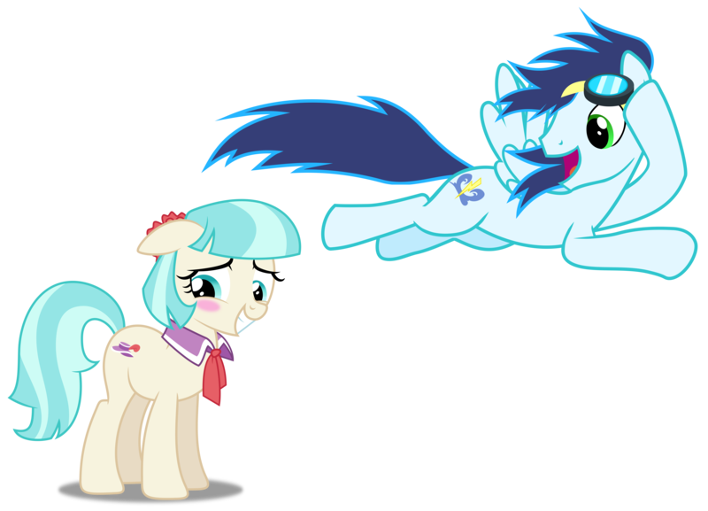 Size: 11041x7970 | Tagged: safe, artist:dashiesparkle, artist:frownfactory, artist:lahirien, derpibooru import, edit, coco pommel, soarin', pony, made in manehattan, rainbow falls, .svg available, absurd resolution, blue hair, blue mane, blue tail, blushing, cocobetes, cute, distracted, female, flying, goggles, green eyes, image, inkscape, male, png, ponyscape, shipping, show accurate, simple background, soarinpommel, stallion, straight, transparent background, vector, wings, wonderbolts
