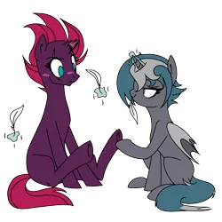 Size: 4000x4000 | Tagged: safe, alternate version, artist:bonpikabon, artist:icey-wicey-1517, color edit, derpibooru import, edit, fizzlepop berrytwist, tempest shadow, oc, oc:elizabrat meanfeather, alicorn, bat pony, bat pony alicorn, pony, unicorn, alicorn oc, bat pony oc, bat wings, blushing, broken horn, canon x oc, clone, collaboration, colored, eye scar, feather, female, fetish, glowing horn, hoof fetish, hoof hold, horn, image, levitation, magic, mare, missing cutie mark, nervous, png, raised hoof, raised leg, scar, simple background, sitting, smiling, smirk, telekinesis, tickle fetish, tickle torture, tickling, transparent background, wings