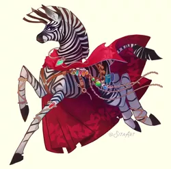 Size: 1500x1480 | Tagged: safe, artist:sitaart, derpibooru import, oc, unofficial characters only, zebra, action pose, cape, clothes, harness, image, jpeg, jumping, looking at you, potion, solo, tack, zebra oc