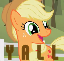 Size: 759x720 | Tagged: artist needed, source needed, safe, derpibooru import, edit, applejack, earth pony, pony, applejack's hat, cowboy hat, cute, female, flanderization, hat, image, jackabetes, jpeg, mare, open mouth, smiling, solo, text, y'all