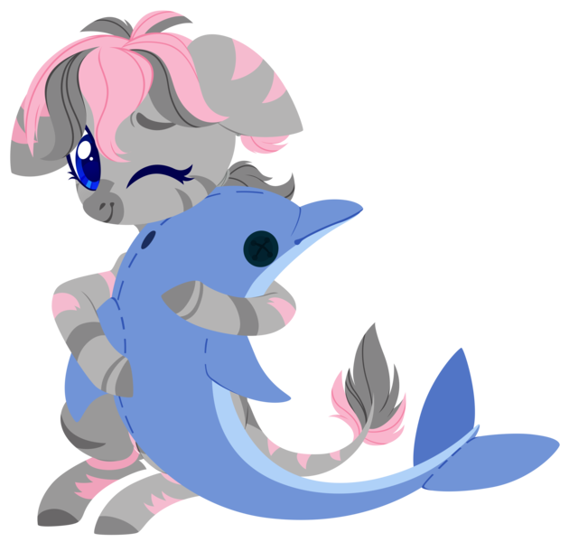 Size: 4000x3812 | Tagged: safe, artist:belka-sempai, derpibooru import, oc, oc:celaje, dolphin, zebra, commission, cute, facial markings, hug, image, leonine tail, looking at you, markings, one eye closed, plushie, png, simple background, sitting, transparent background, ych result, zebra oc