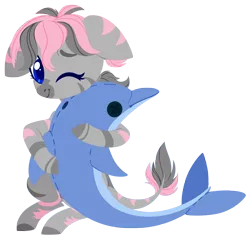 Size: 4000x3812 | Tagged: safe, artist:belka-sempai, derpibooru import, oc, oc:celaje, dolphin, zebra, commission, cute, facial markings, hug, image, leonine tail, looking at you, markings, one eye closed, plushie, png, simple background, sitting, transparent background, ych result, zebra oc