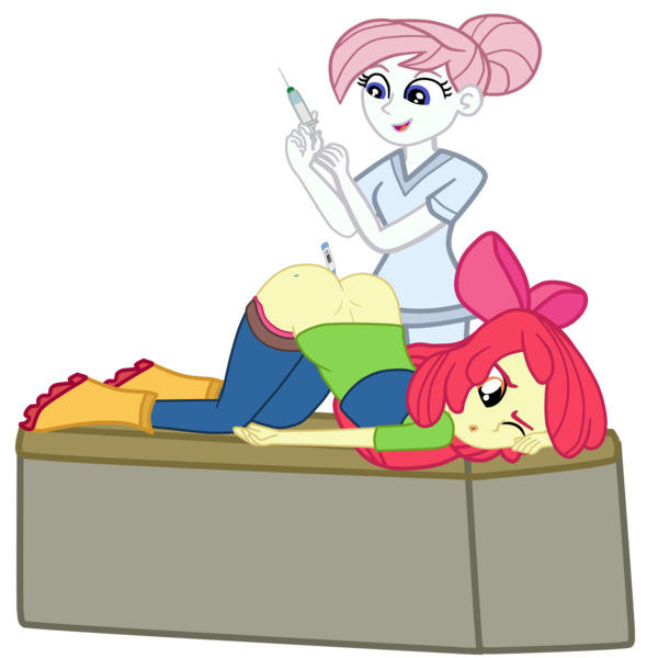 Size: 2952x2952 | Tagged: suggestive, artist:gmaplay, derpibooru import, apple bloom, nurse redheart, equestria girls, anal insertion, ass, ass up, bloom butt, butt, face down ass up, image, insertion, png, rectal thermometer, syringe
