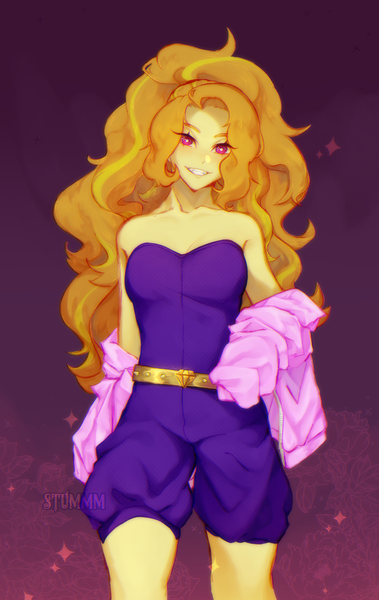 Size: 1216x1925 | Tagged: suggestive, artist:stummm, derpibooru import, adagio dazzle, equestria girls, adoragio, adorasexy, bare shoulders, blushing, breasts, clothes, cute, cute little fangs, delicious flat chest, fangs, flatdagio dazzle, image, jacket, large voluminous hair, looking at you, png, sexy, sleeveless, smiling, smiling at you, strapless