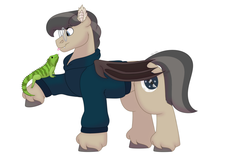 Size: 1280x854 | Tagged: safe, artist:itstechtock, derpibooru import, bat pony, iguana, pony, clothes, glassses, image, male, png, shirt, simple background, stallion, transparent background