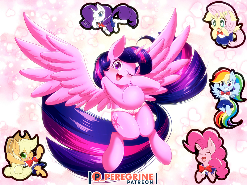 Size: 1600x1200 | Tagged: suggestive, alternate version, artist:phoenixperegrine, derpibooru import, applejack, fluttershy, pinkie pie, rainbow dash, rarity, twilight sparkle, twilight sparkle (alicorn), alicorn, pony, my little pony: the manga, my little pony: the manga volume 1, spoiler:manga, spoiler:manga1, anime, blushing, bow, clothes, cute, dashabetes, diapinkes, dress, female, hair bow, heart, heart eyes, hoof hold, hoof shoes, image, jackabetes, jpeg, looking at you, magical girl, mane six, one eye closed, open mouth, panties, pigtails, raribetes, sailor uniform, scepter, shyabetes, skirt, smiling, twiabetes, twintails, underwear, uniform, upskirt, wingding eyes, wink