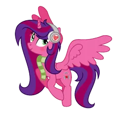 Size: 1369x1249 | Tagged: safe, artist:darbypop1, derpibooru import, oc, oc:alyssa rice, alicorn, pony, clothes, female, headphones, image, mare, png, scarf, simple background, solo, transparent background