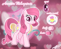 Size: 1951x1568 | Tagged: safe, artist:muhammad yunus, derpibooru import, oc, oc:annisa trihapsari, unofficial characters only, earth pony, pony, base used, cutie mark, earth pony oc, female, heart, heart background, heart eyes, image, mare, medibang paint, not rarity, pink background, pink body, pink hair, png, simple background, smiling, solo, vector, wingding eyes