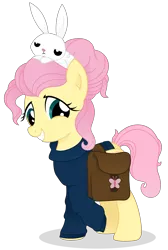 Size: 4812x7150 | Tagged: safe, artist:cirillaq, derpibooru import, angel bunny, fluttershy, pegasus, pony, rabbit, absurd resolution, alternate hairstyle, animal, bag, clothes, duo, female, folded wings, image, looking at you, mare, png, raised hoof, saddle bag, simple background, sitting on head, smiling, standing, sweater, sweatershy, three quarter view, transparent background, vector, wings