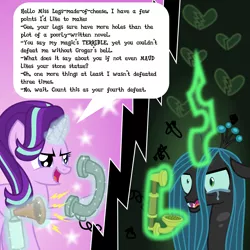 Size: 6969x6969 | Tagged: safe, artist:kmlp, derpibooru import, queen chrysalis, starlight glimmer, changeling, pony, unicorn, absurd resolution, abuse, airhorn, chrysabuse, crying, crysalis, derpibooru exclusive, dialogue, image, insulted, levitation, magic, offended, phone, png, punish the villain, revenge, shots fired, smiling, starlight vs chrysalis, teary eyes, telekinesis, telephone, verbal abuse