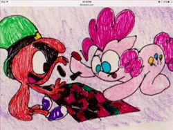 Size: 960x720 | Tagged: artist needed, source needed, safe, derpibooru import, pinkie pie, alien, earth pony, pony, checkers, crossover, duo, female, image, jpeg, male, tongue out, wander (wander over yonder), wander over yonder