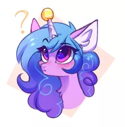 Size: 1794x1833 | Tagged: safe, artist:pesty_skillengton, derpibooru import, izzy moonbow, pony, unicorn, abstract background, blushing, chest fluff, confused, cute, female, g5, heart eyes, horn, horn guard, horn impalement, hornball, image, izzy's tennis ball, izzybetes, mare, png, question mark, solo, style emulation, tennis ball, wingding eyes