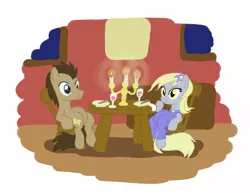 Size: 1512x1179 | Tagged: safe, artist:bizmarck, derpibooru import, derpy hooves, doctor whooves, lyra heartstrings, time turner, earth pony, pegasus, pony, candle, chair, clothes, doctorderpy, dress, female, image, jpeg, male, mare, meme, shipping, sitting, sitting lyra, stallion, story included, straight