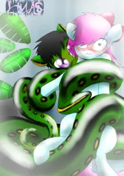 Size: 1240x1754 | Tagged: suggestive, alternate version, artist:linasnake, derpibooru import, oc, unofficial characters only, lamia, original species, pony, snake, snake pony, abstract background, blushing, coiling, coils, embarrassed, floppy ears, hug, image, leaves, neck kiss, png, signature, wide eyes