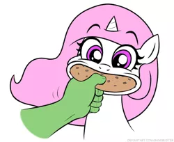 Size: 594x484 | Tagged: safe, artist:banebuster, derpibooru import, princess celestia, oc, oc:anon, alicorn, pony, series:tiny tia, cewestia, cookie, cute, cutelestia, disembodied hand, eating, feeding, female, filly, food, hand, image, jpeg, offscreen character, pink-mane celestia, simple background, smiling, white background, younger
