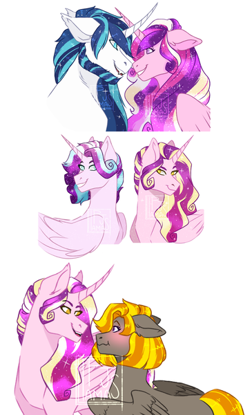 Size: 750x1234 | Tagged: safe, artist:llamapyjmas, derpibooru import, princess cadance, princess flurry heart, shining armor, oc, oc:bonfire, oc:princess aphrodite, alicorn, pegasus, pony, unicorn, beard, facial hair, fangs, female, headcanon in the description, image, male, oc x oc, offspring, older, older flurry heart, parent:lightning dust, parent:princess cadance, parent:shining armor, parent:thunderlane, parents:shiningcadance, parents:thunderdust, png, shiningcadance, shipping, simple background, straight, watermark, white background