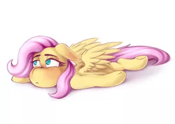 Size: 3076x2184 | Tagged: safe, artist:anon_1515, derpibooru import, fluttershy, pegasus, pony, :<, explicit source, eyebrows, female, freckles, high res, image, lidded eyes, lying down, on stomach, png, simple background, solo, spread wings, squishy, squishy cheeks, white background, wings