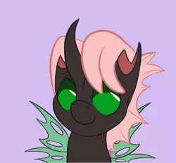 Size: 1300x1200 | Tagged: safe, artist:inkynotebook, derpibooru import, part of a set, changeling queen oc, oc, unofficial characters only, changeling, changeling queen, bust, commission, female, green changeling, image, jpeg, purple background, simple background, smiling, solo, wings, ych result