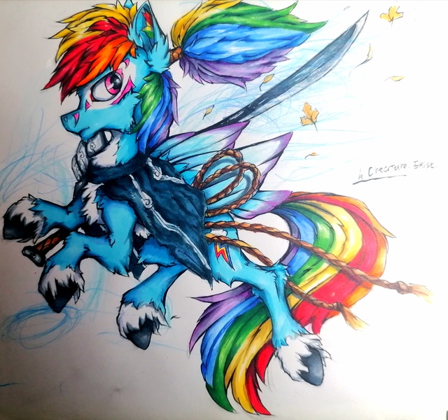 Size: 3183x2986 | Tagged: safe, alternate version, artist:creature.exist, derpibooru import, rainbow dash, pegasus, pony, armor, band, belt, blade, clothes, fluffy, image, jpeg, katana, leaf, league of legends, photo, scarf, solo, sword, weapon, wind, yasuo