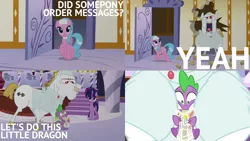 Size: 1986x1117 | Tagged: safe, derpibooru import, edit, edited screencap, editor:quoterific, screencap, aloe, bulk biceps, spike, twilight sparkle, twilight sparkle (alicorn), alicorn, bull, dragon, earth pony, pony, castle sweet castle, alternate hairstyle, female, gritted teeth, image, kool-aid man, male, open mouth, png, punklight sparkle, surprised, teeth, yeah!!!!!!!!